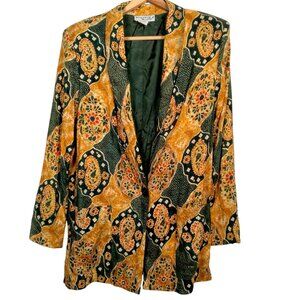 Vintage 90s Kensington Square Blazer Medium Gold Green Floral Paisley Rayon